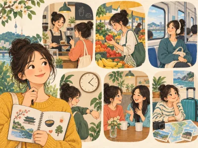 Estudante de coreano com caderno ilustrado e cenas de compras, transporte, horários, conversas e viagens.