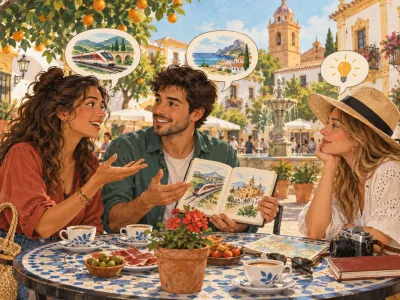 Três pessoas conversam sobre viagens em uma praça, ilustrando o vocabulário de espanhol B1.