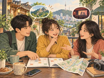Três amigos em um café de Seul discutem planos de passeio com um calendário e um mapa.