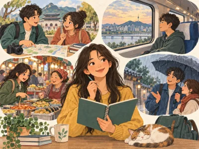 Estudante de coreano cercada por cenas de conversas, viagem de trem, compras no mercado e um dia chuvoso.